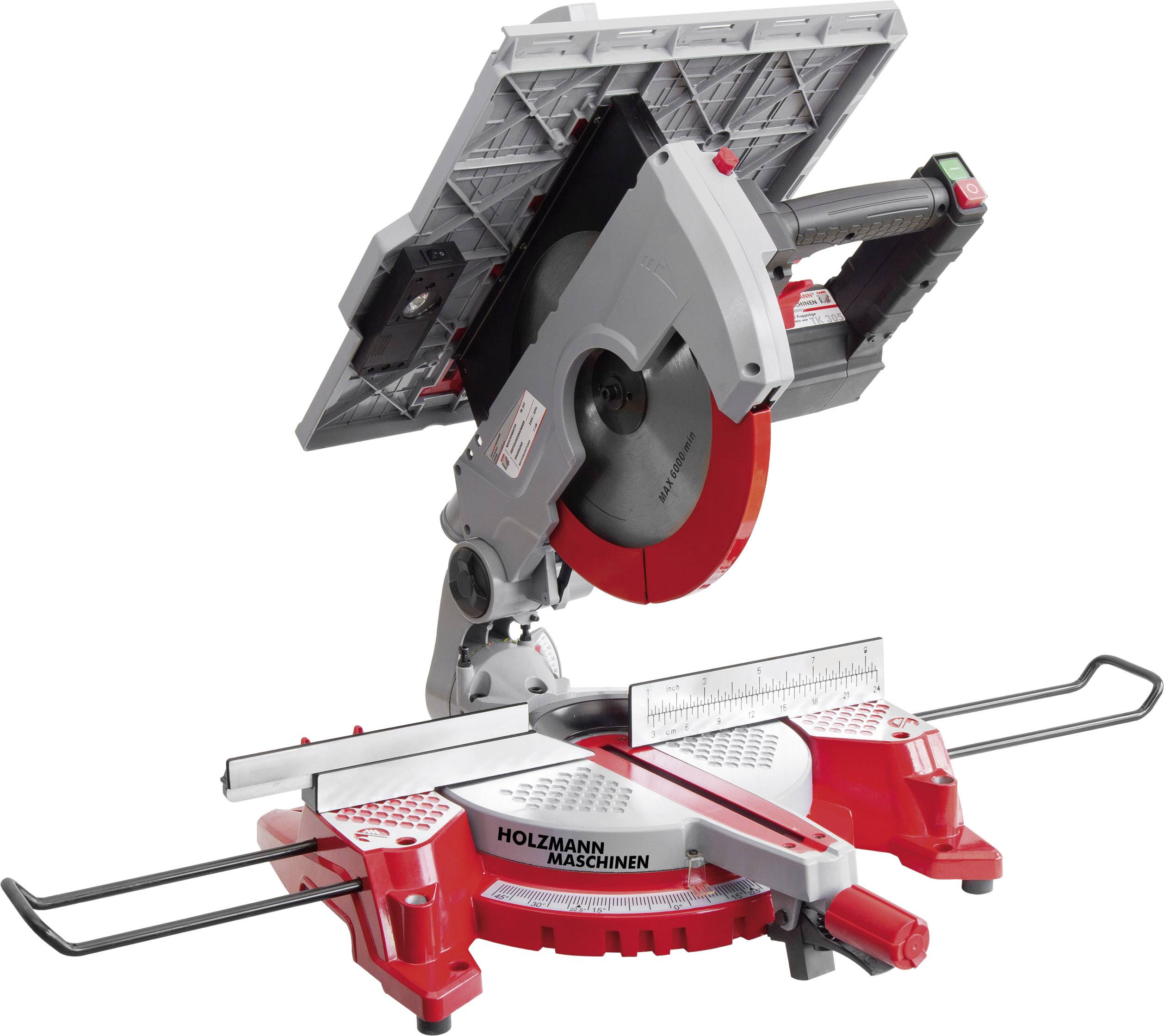 Kapp- und Gehrungssäge in Rot und Grau mit einem Winkelmesser und einer Klinge. Markenname 'Holzmann Maschinen' auf der Basis.