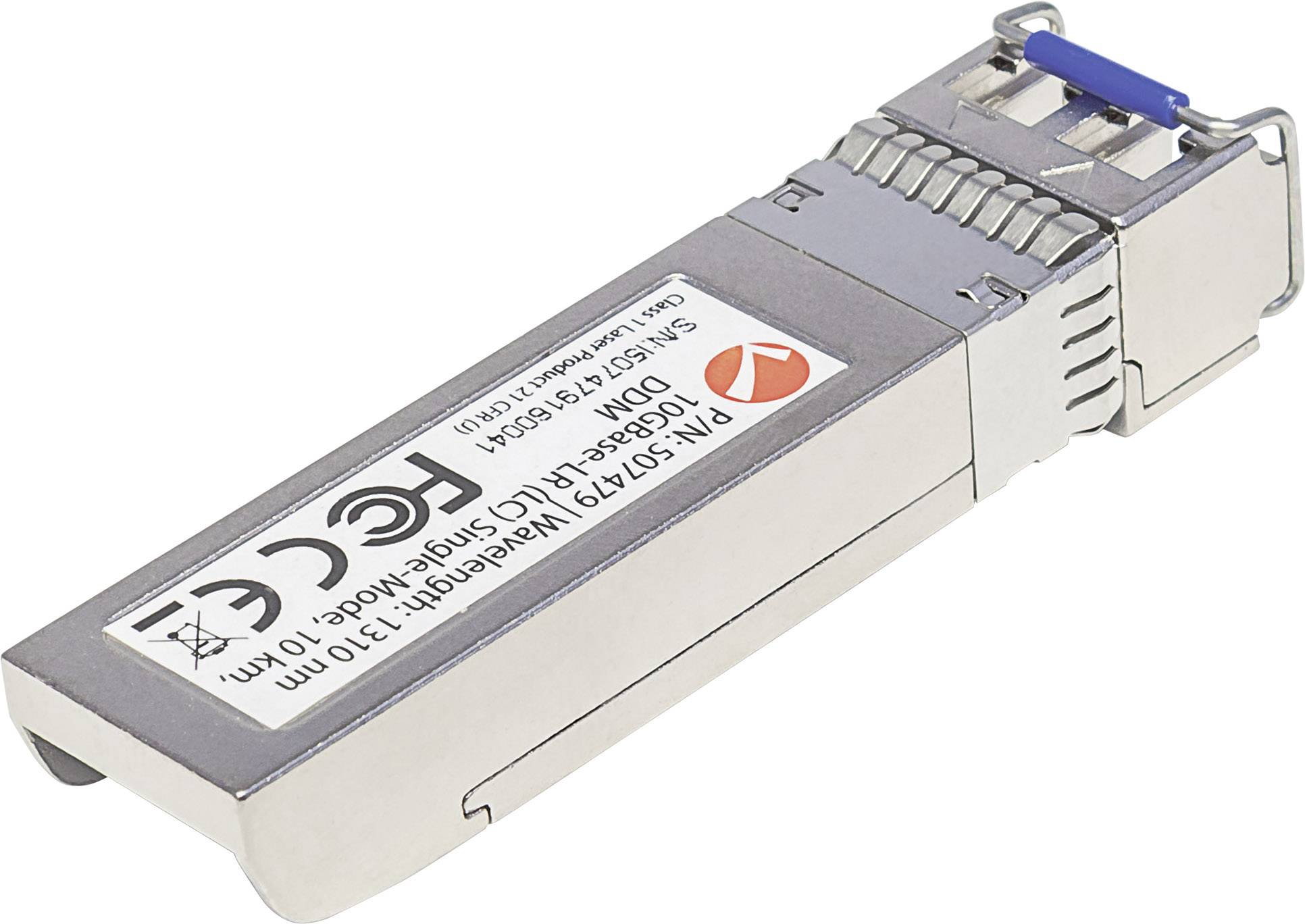 Ein silberner SFP-Modul mit Beschriftung '10GB-LR' zur optischen Datenübertragung in Netzwerken, mit blauer Laschen-Entriegelung.