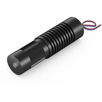 Eine kompakte schwarze Taschenlampe mit kühlrippenförmigem Körper liegt auf einer weißen Oberfläche, zwei Drähte ragen heraus.
