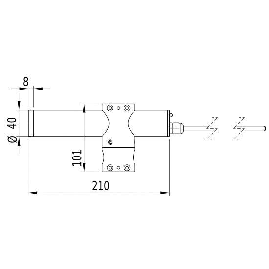 Strukturdiagramm eines zylindrischen Teils mit Abmessungen: Länge 210 mm, Durchmesser 40 mm, Kabelverbindung rechts, Befestigungslöcher dargestellt.