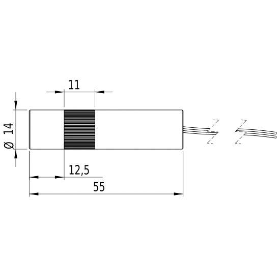 Skizze eines zylindrischen Objekts mit Maßen: Durchmesser 14 mm, Länge 55 mm. Markierungen bei 11 mm und 12,5 mm von der Spitze.