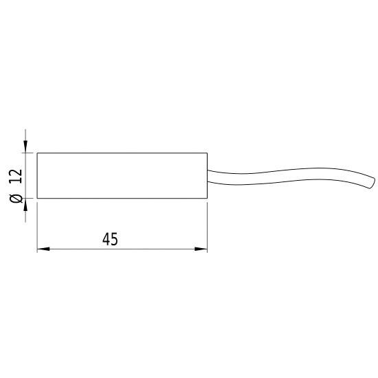 Seitenansicht eines zylindrischen Objekts mit einem Durchmesser von 12 mm und einer Länge von 45 mm. Ein Kabel ragt rechts heraus.