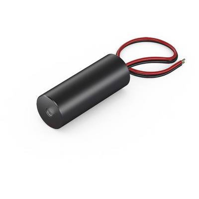 Ein zylindrisches, schwarzes elektrisches Bauteil mit zwei angeschlossenen Drähten, einem roten und einem schwarzen.