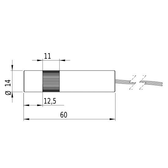 Technische Zeichnung eines zylinderförmigen Objekts mit Maßen: Länge 60 mm, Durchmesser 14 mm, andere gekennzeichnete Abschnitte 11 mm und 12,5 mm.