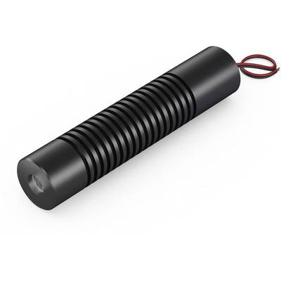 Zylinderförmiger schwarzer Laser mit geripptem Griff und rot-schwarzen Drähten am Ende. Geeignet für technische Geräte oder Präsentationen.