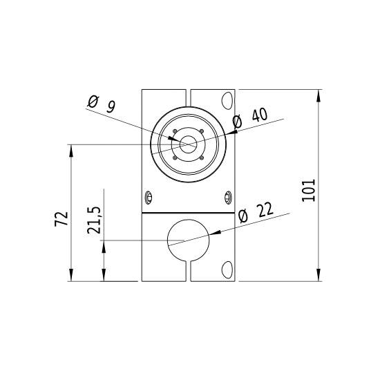 Technische Zeichnung eines rechteckigen Metallteils mit Bohrungen, Maßangaben und Durchmesser. Maße: 101 mm Höhe, 72 mm Breite.