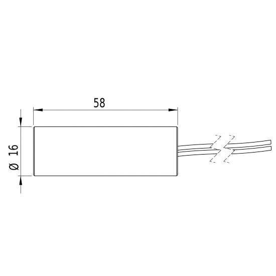 Abmessungsdiagramm eines zylindrischen Objekts mit einer Länge von 58 mm und einem Durchmesser von 16 mm, zwei Kabelanschlüsse rechts.