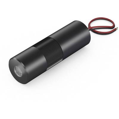 Ein zylindrischer schwarzer Miniatur-Laserprojektor mit roten und schwarzen Kabeln, der für Laserlichtprojektionen verwendet wird.