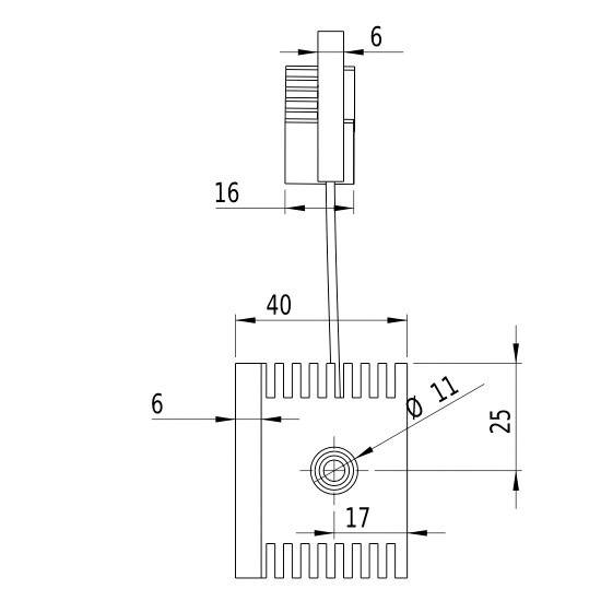 Technische Zeichnung eines Kühlkörpers mit Maßen: 40 mm Breite, 25 mm Höhe, 6 mm Zinkenlänge. Stift mit Durchmesser von 11 mm.
