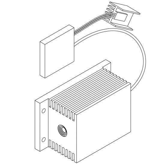 Zeichnung eines elektronischen Kühlmoduls mit Kühlkörper und Lüfter, verbunden durch Kabel.