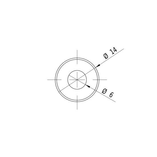 Technische Zeichnung eines Kreises mit einem äußeren Durchmesser von 14 mm und einem inneren Durchmesser von 6 mm, angezeigt durch Maßlinien.