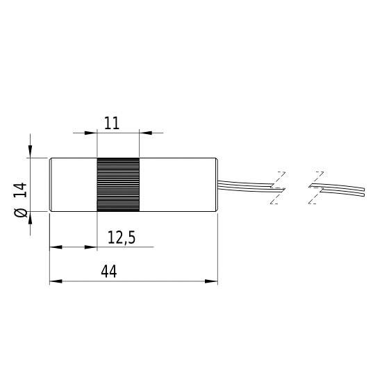 Skizze eines zylinderförmigen Bauteils mit Maßen: Länge 44 mm, Durchmesser 14 mm, Kabellänge auf der rechten Seite.