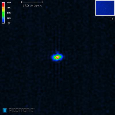 Einfarbiges Wärmebild eines hellen Punkts in der Mitte mit Skala links. Zeigt Temperaturverteilung auf blauem Hintergrund.