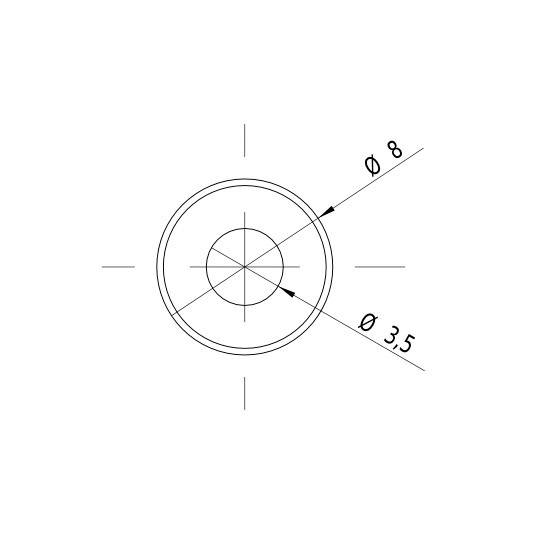 Technische Zeichnung: Kreis mit Durchmesser von 8 mm, innerer Kreis 3,5 mm. Kreuzlinien zeigen Mitte an.