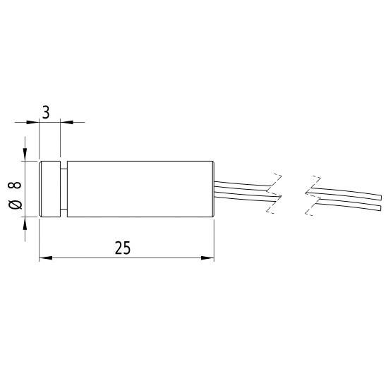 Technische Zeichnung eines zylindrischen Sensors mit Abmessungen: Länge 25 mm, Durchmesser 8 mm. Zwei Drähte ragen heraus.