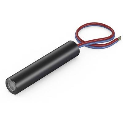 Ein zylindrischer, schwarzer Sensor mit zwei farbigen Kabeln (rot und blau) zur elektrischen Verbindung.