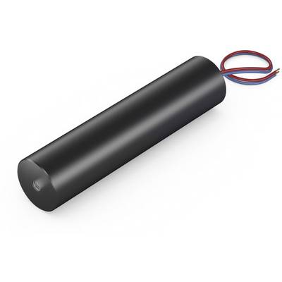 Schwarzer zylindrischer Gegenstand mit zwei herausragenden Drähten, wahrscheinlich ein elektrisches Bauteil oder ein Kondensator.