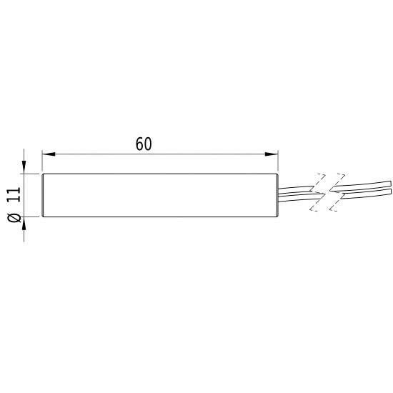 Schema eines zylindrischen Bauteils mit einem Durchmesser von 11 mm und einer Länge von 60 mm, mit Kabeln an einem Ende.