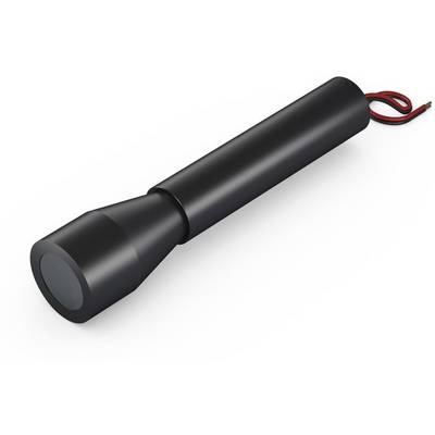 Schwarze Taschenlampe mit rotem Kabel im Hintergrund vor weißem Hintergrund, seitlich betrachtet.