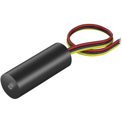 Ein zylindrischer, schwarzer Gehäuse mit drei herausragenden isolierten Drähten in den Farben Rot, Gelb und Schwarz.