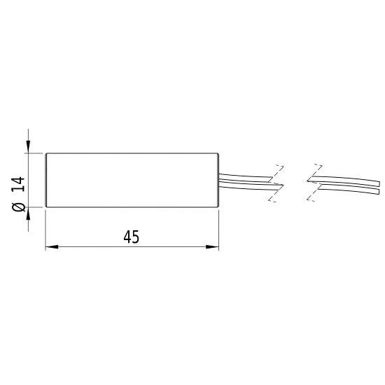 Technische Zeichnung eines zylindrischen Bauteils mit einem Durchmesser von 14 mm und einer Länge von 45 mm, Kabel angeschlossen.