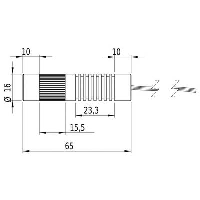 Technische Zeichnung eines zylindrischen Bauteils mit geripptem Mittelteil. Maße: Länge 65 mm, Durchmesser 16 mm.