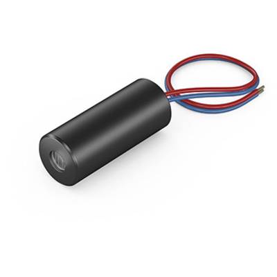 Zylindrischer schwarzer elektrischer Kondensator mit zwei farbigen Drähten, rot und blau, an einem Ende angeschlossen.