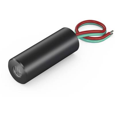 Zylinderförmiger, schwarzer Sensor mit zwei herausragenden, rot und grün ummantelten Drähten. Geeignet für elektronische Anwendungen.