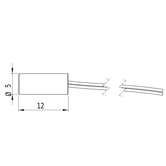 Technische Zeichnung eines zylindrischen Bauteils mit einem Durchmesser von 5 mm und einer Länge von 12 mm, versehen mit Kabeln.