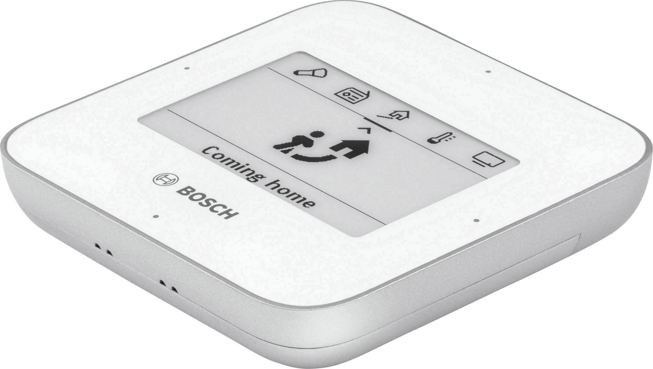Kompakter, weißer Bosch Smart Home Controller mit Anzeige 'Coming home' und Symbolen für kabellose Netzwerke, Benachrichtigungen und Einstellungen.