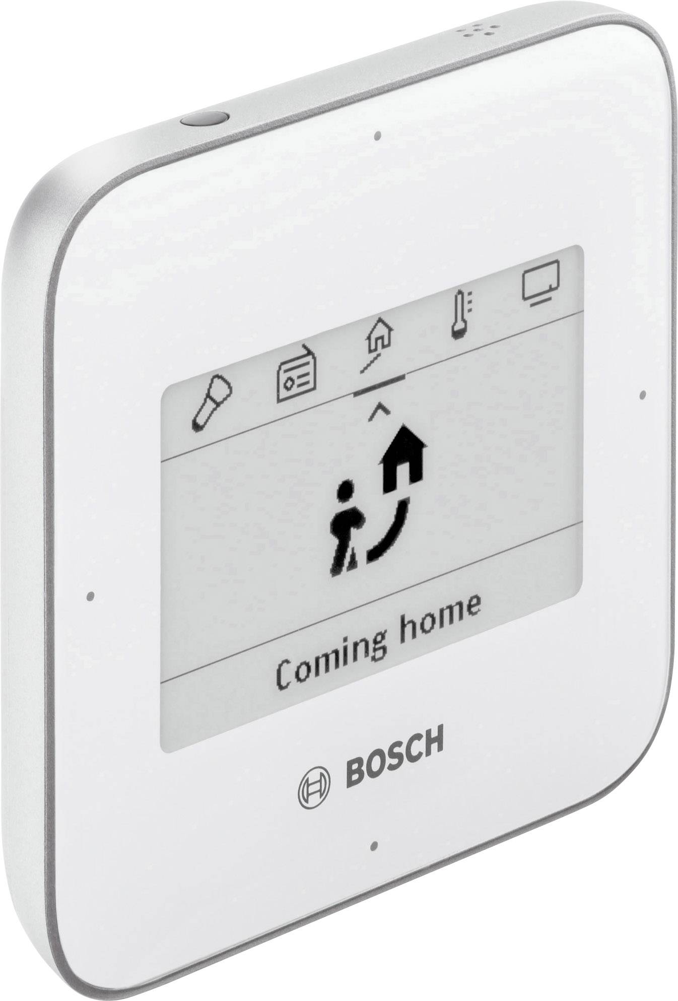 Ein weißes Bosch Smart-Home-Gerät mit Display zeigt das Symbol einer Person mit Pfeil nach Hause und den Text 'Coming home'.