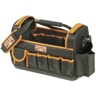 Eine schwarze Werkzeugtasche mit orangen Nähten und mehreren Taschen an der Außenseite, mit einem Schultergurt, markiert mit 'BAHCO'.