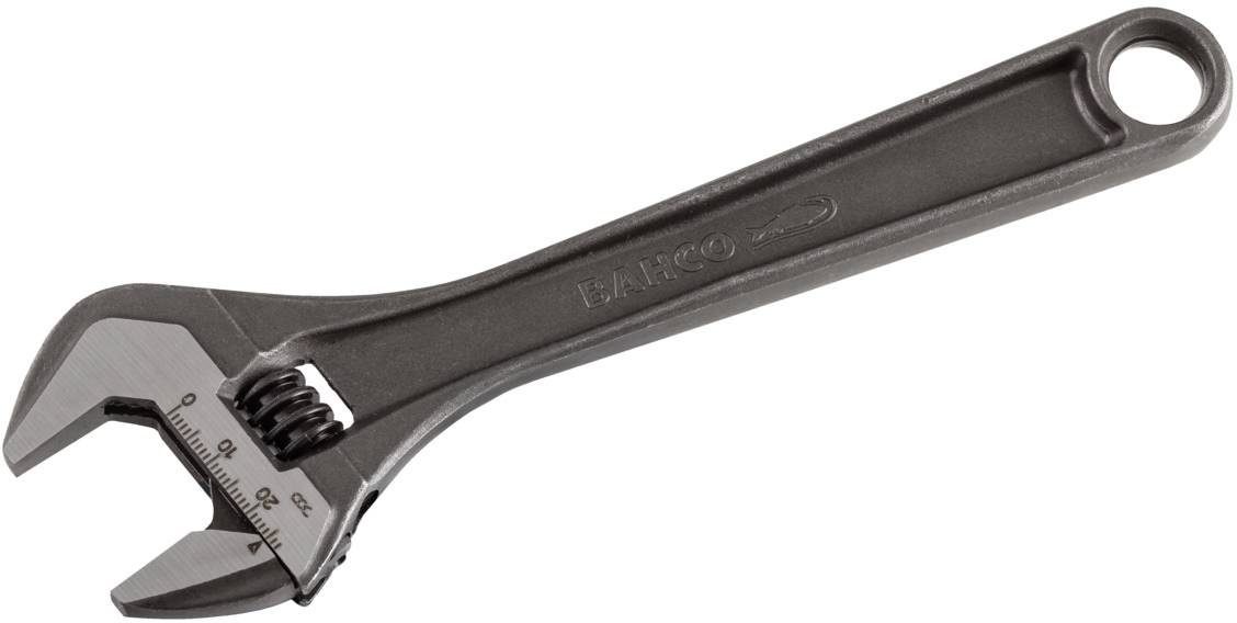 Ein verstellbarer Schraubenschlüssel aus Metall mit einer Skala zum Anpassen der Backenweite wird abgebildet.