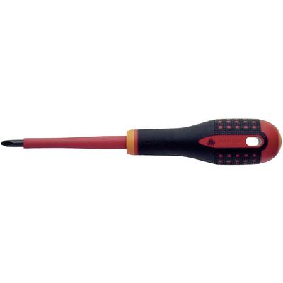 Ein roter und schwarzer Kreuzschlitzschraubendreher mit ergonomischem Griff, geeignet für präzises Arbeiten an mechanischen Teilen.