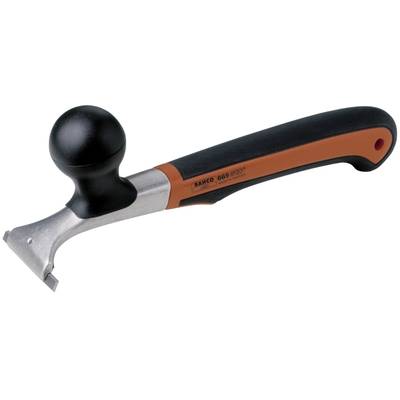 Ein ergonomischer Fensterkratzer mit schwarzem Griff und orangefarbenen Akzenten, geeignet zum Entfernen von Farbe oder Kleberückständen.