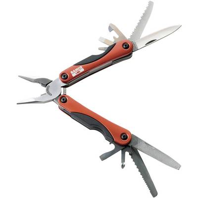 Multifunktionswerkzeug mit Zange, Messer, Säge, Feile und Schraubendreher. Rot-schwarzer Griff mit Markenlogo.