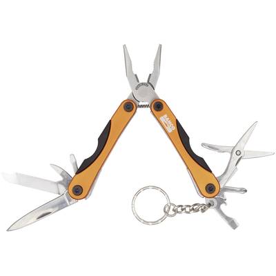 Ein Multifunktionswerkzeug mit orangefarbenem Griff, ausgeklappt zeigt es eine Zange, Messer, Schere und andere Werkzeuge, an einer Schlüsselkette befestigt.