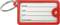 Roter Kofferanhänger mit vorgedruckten Linien und Beschriftungen für 'NAME', 'ADD.', 'CITY', 'COUNTRY'.