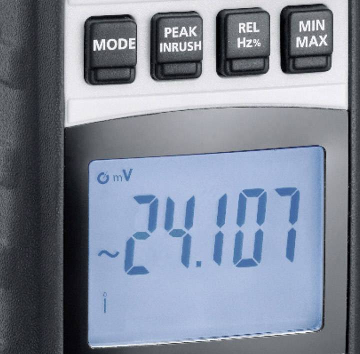 Digitales Messgerät mit Anzeige '24.107 mV'. Oben Tasten für 'Mode', 'Peak Inrush', 'Rel Hz%', 'Min Max'.
