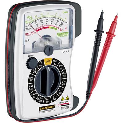 Ein digitales Multimeter mit Skalenanzeige, Drehschalter und zwei Messleitungen, eine schwarz, eine rot, für verschiedene elektrische Messungen.