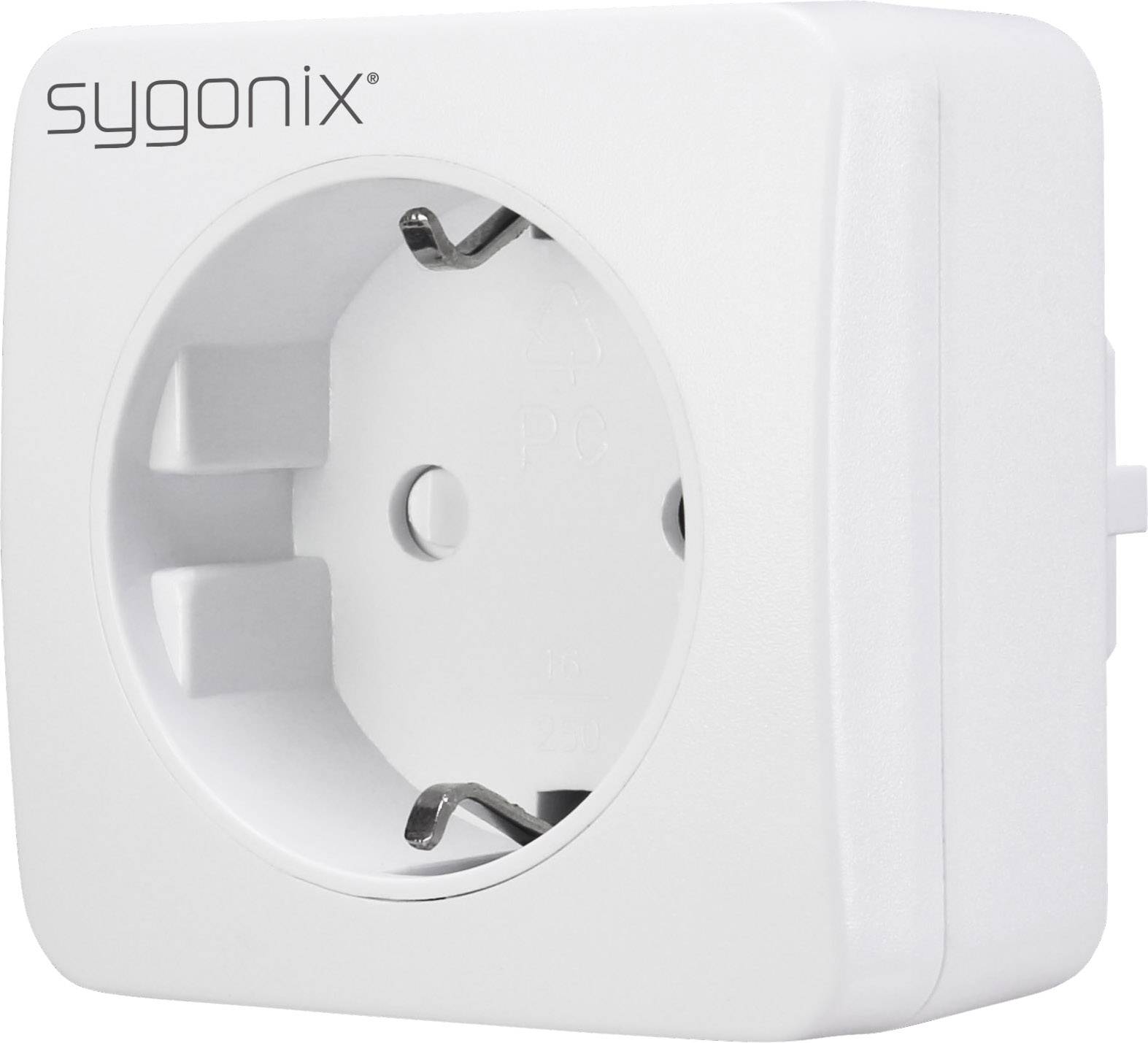 Weiße Steckdose der Marke Sygonix mit zwei Löchern und Schutzkontakt, geeignet für elektrische Geräte in europäischen Haushalten.