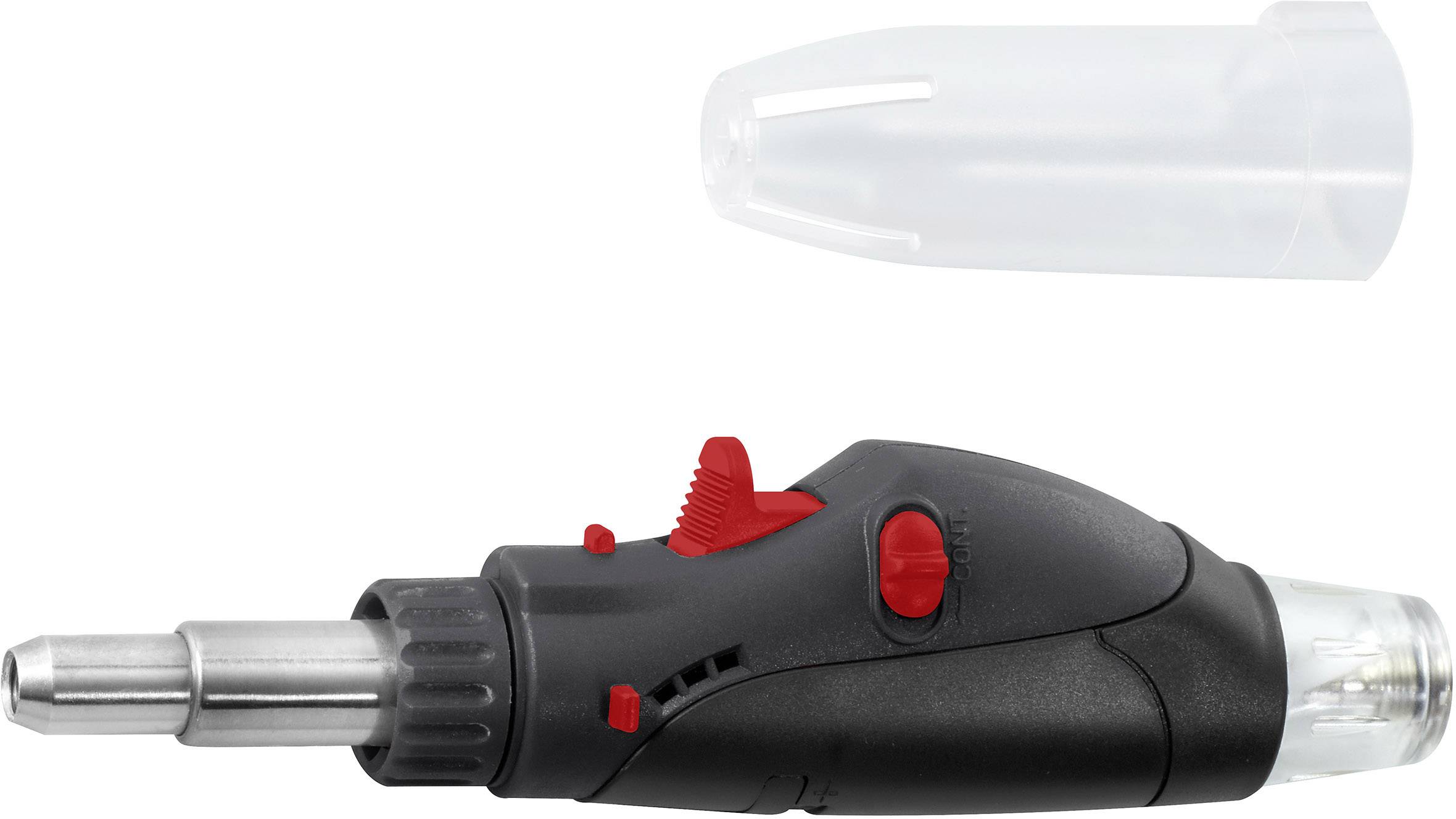 Ein tragbarer Gasbrenner mit schwarzem Gehäuse und roten Bedienelementen, geeignet für präzises Löten und Bastelarbeiten.