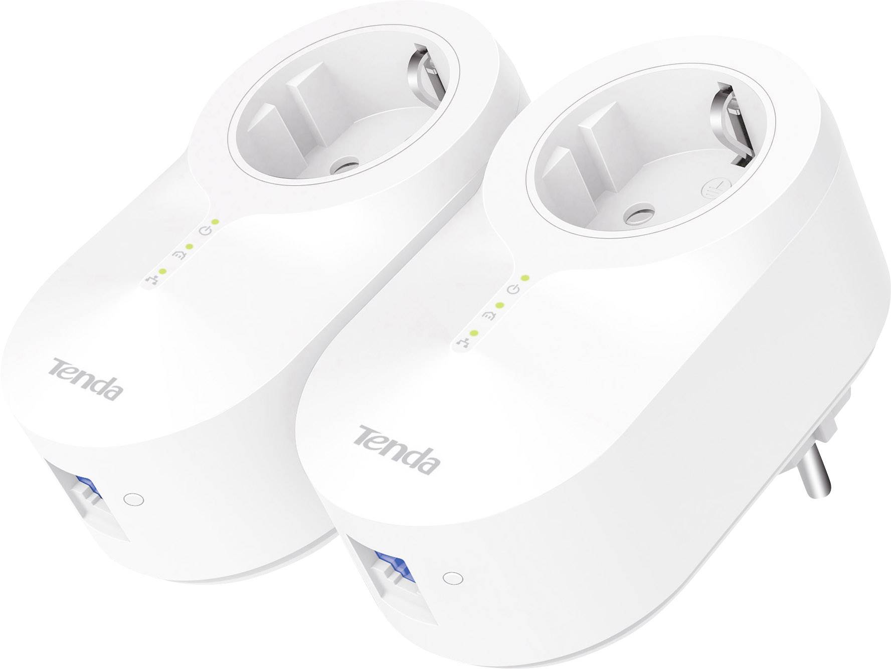 Zwei weiße Tenda Powerline-Adapter mit Steckdosen und Ethernet-Anschlüssen, nebeneinander platziert für Netzwerkverbindungen im Haushalt.