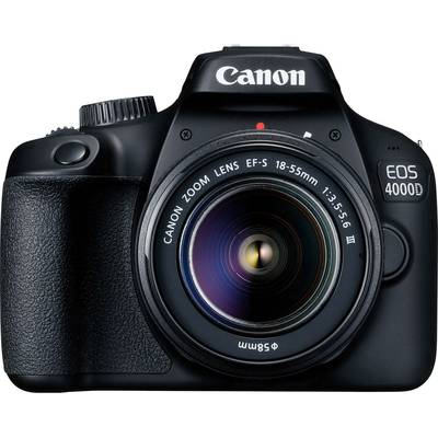 Eine schwarze Canon EOS 4000D Kamera mit einem EF-S 18-55mm Objektiv, frontal fotografiert.