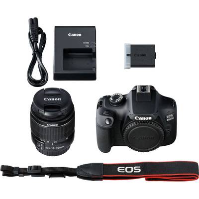 Kamera-Set bestehend aus einer Canon EOS 4000D, einem 18-55mm Objektiv, Akku, Ladegerät, Kabel und Kameragurt.