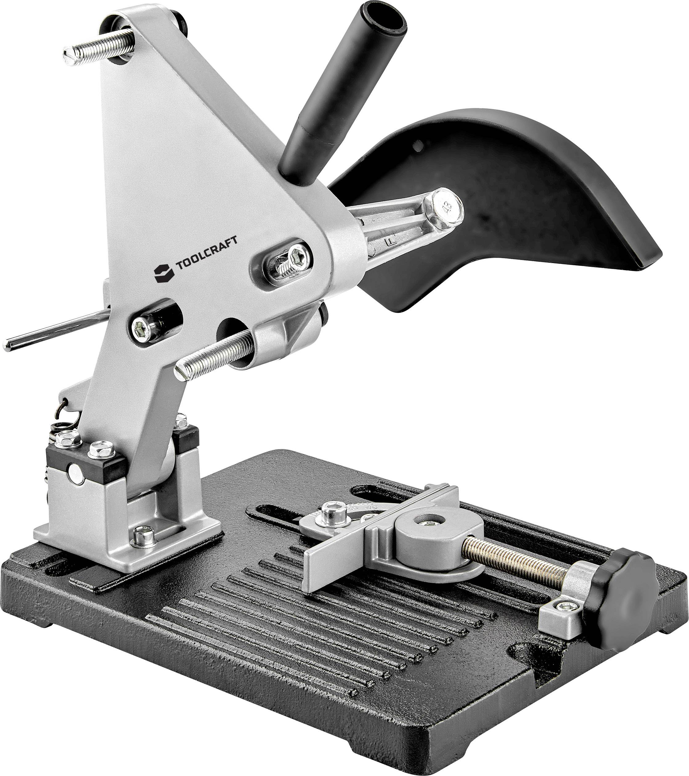 Metallsägehalterung auf stabiler Basis, ermöglicht präzises Schneiden. Markenlogo auf der Halterung.