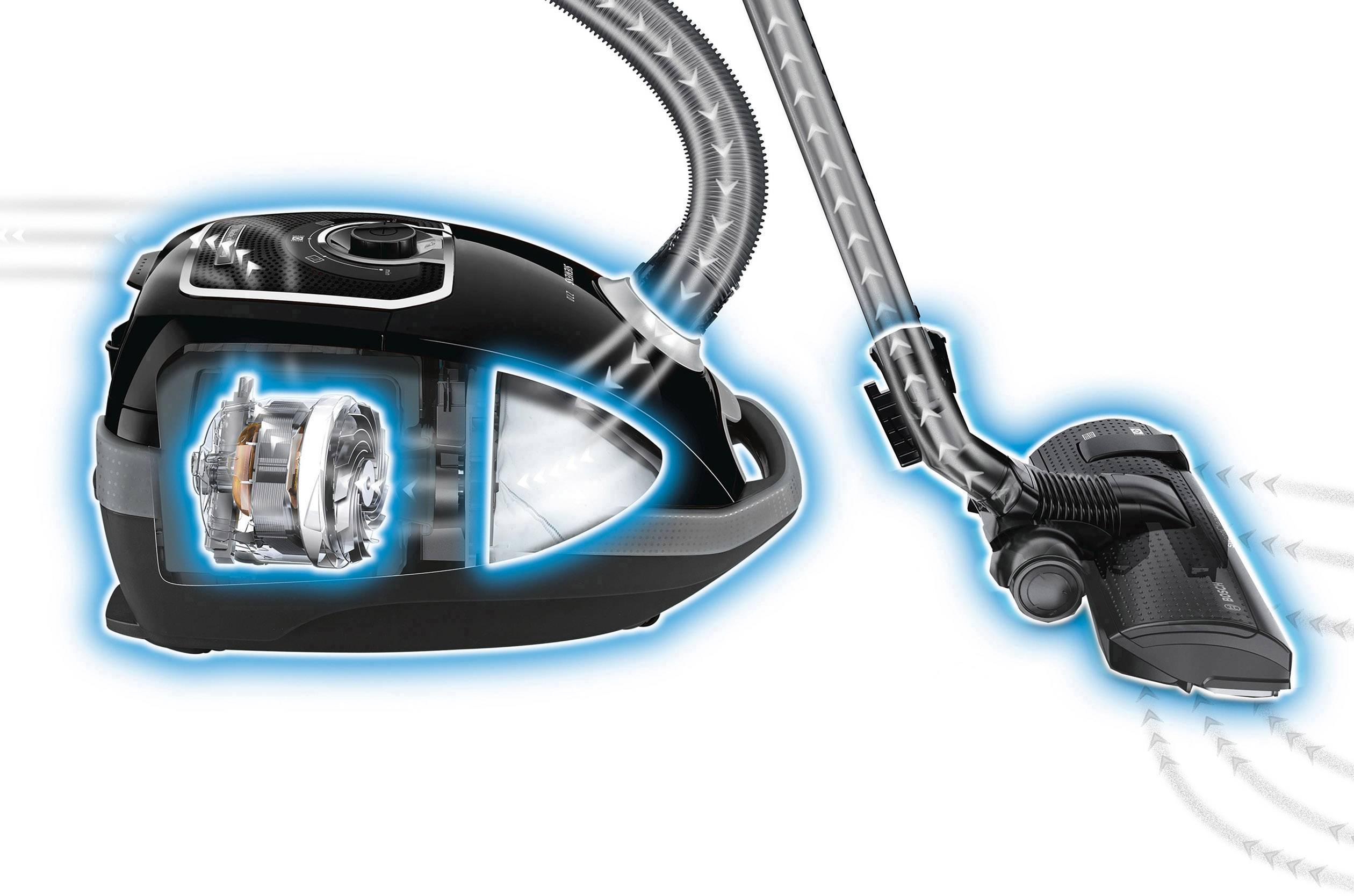 Staubsauger mit durchsichtigem Gehäuse zeigt inneren Motor und Luftfluss. Darstellung von Saugkraft und Technologie.