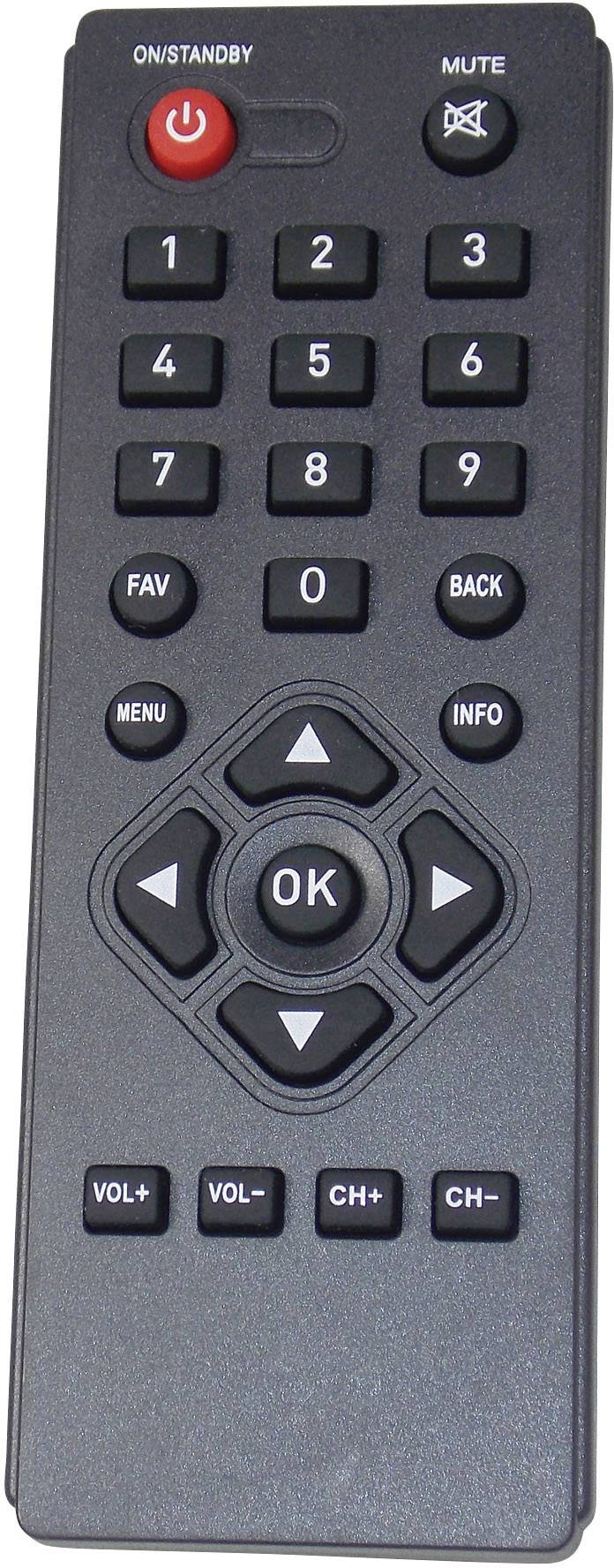 Schwarze Fernbedienung mit Tasten für Nummern, Lautstärke, Kanäle, 'Mute', 'Info', 'Menu', 'Fav', 'Back', 'OK' und Pfeiltasten.