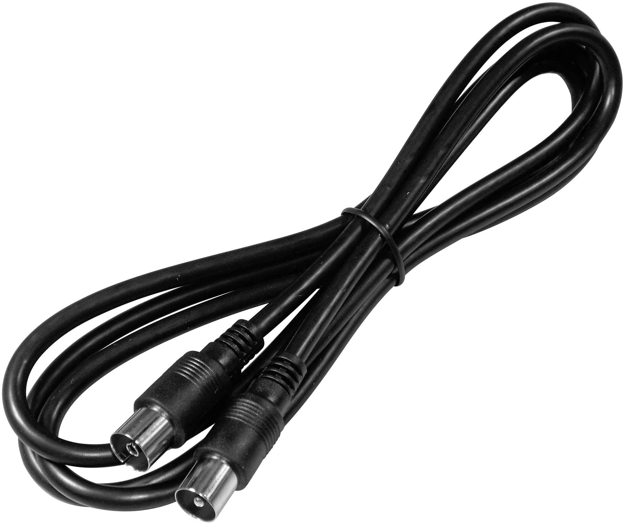 Ein schwarzes Koaxialkabel mit zwei Steckern, verwendet für TV- oder Antennenverbindungen.