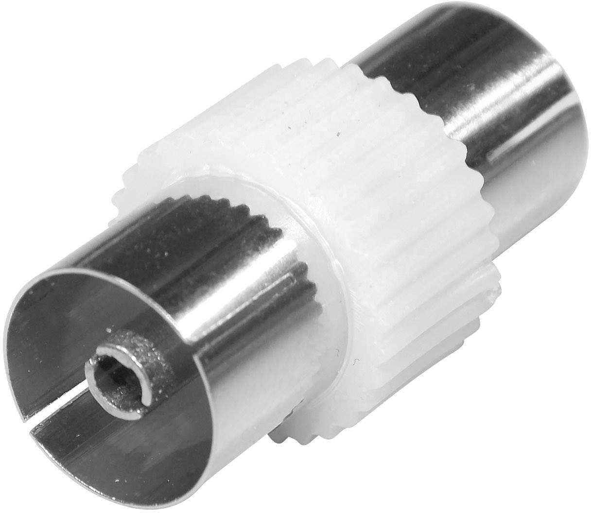 Ein silberner Koaxialstecker mit weißem, geripptem Kunststoffgehäuse, oft zur Verbindung von Antennenkabeln verwendet.